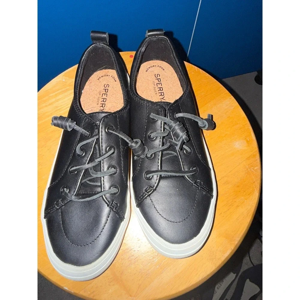 Sperry Crest Vibe Black Leather Low Top Sneakers Womens 6.5 Slip On Shoes